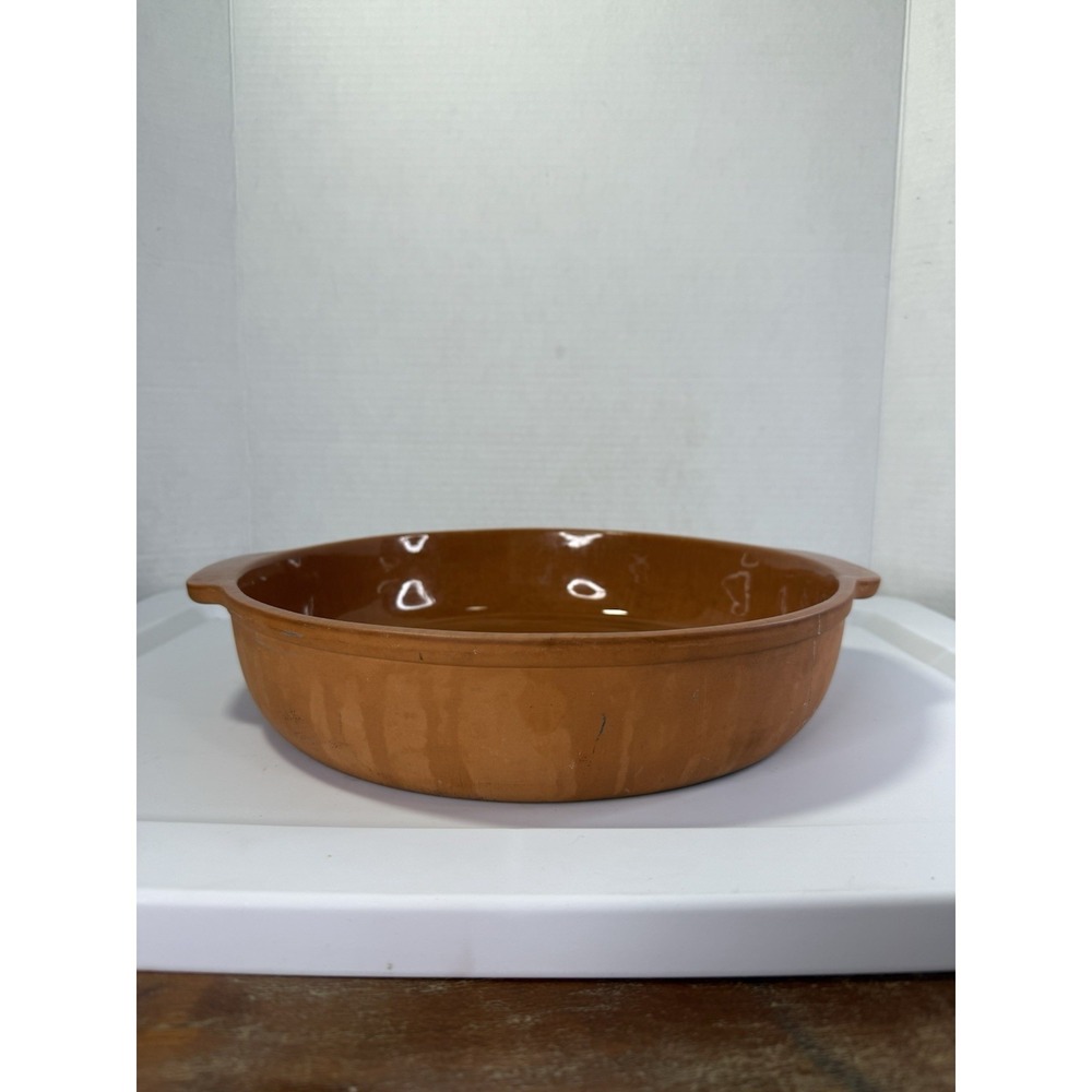 Vintage Pottery Casserole Dish Large Terracotta Glazed Clay W/Handles 12x3"
